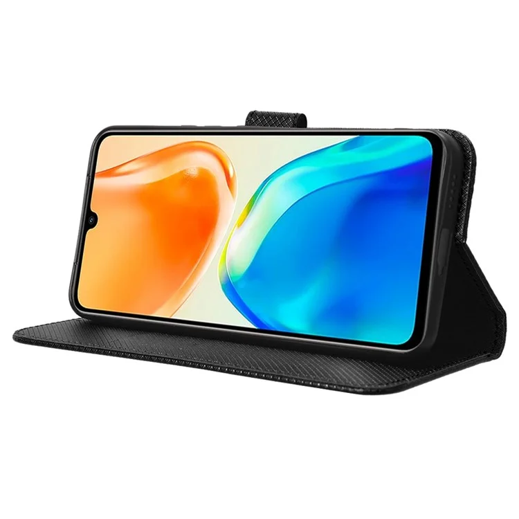 Para Vivo V25 5G Diamond Texture Phone Willet Cover Folio Flip PU Cuero Caja de Soporte Plegable - Negro
