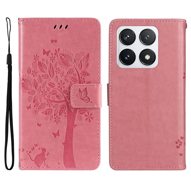KT Imprinting Flower Series-3 Per Xiaomi 14T Pro Case Tree Cat Pattern Flip Leather Phone Cover - Rosa
