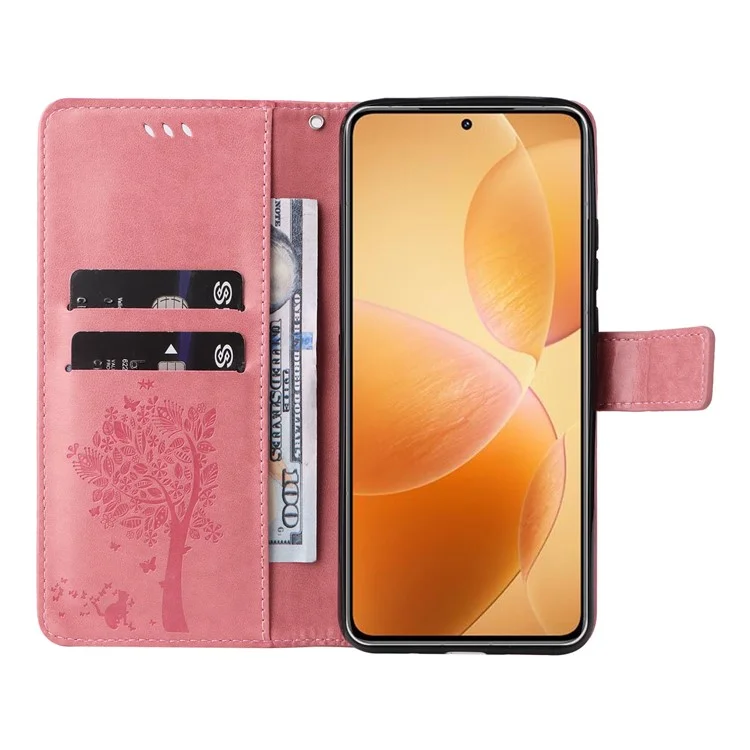 KT Imprinting Flower Series-3 Per Xiaomi 14T Pro Case Tree Cat Pattern Flip Leather Phone Cover - Rosa