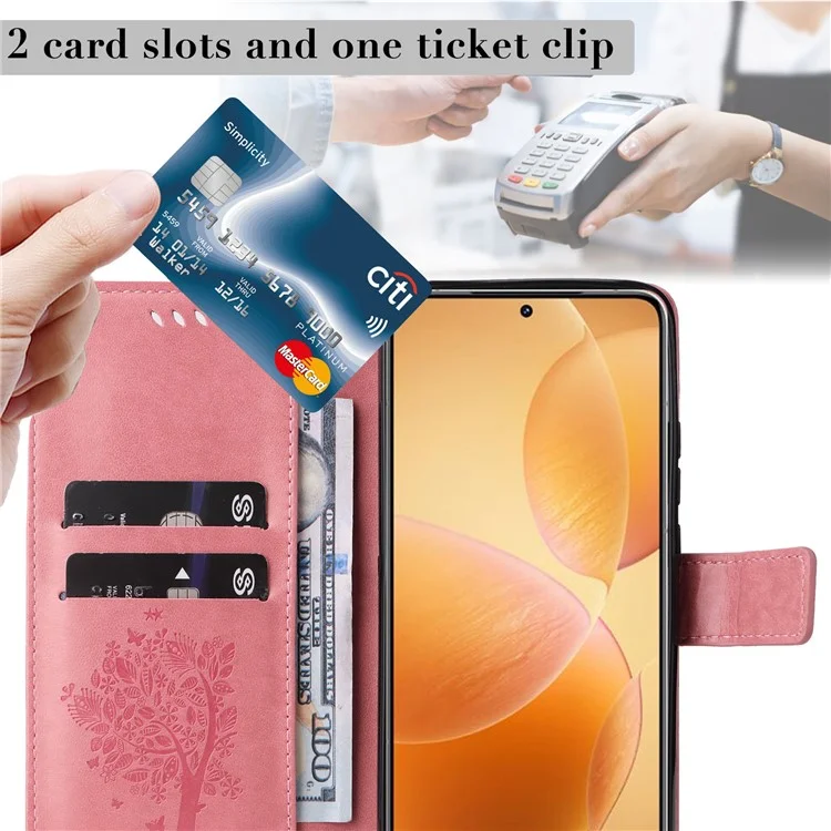 KT Imprinting Flower Series-3 Per Xiaomi 14T Pro Case Tree Cat Pattern Flip Leather Phone Cover - Rosa