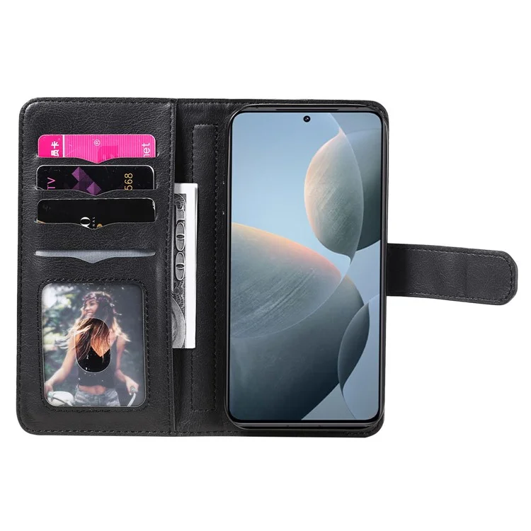KT Multi-Functional Series-1 Para Xiaomi 14T Pro Case 10 Card Holder Leather Phone Cover Stand - Preto