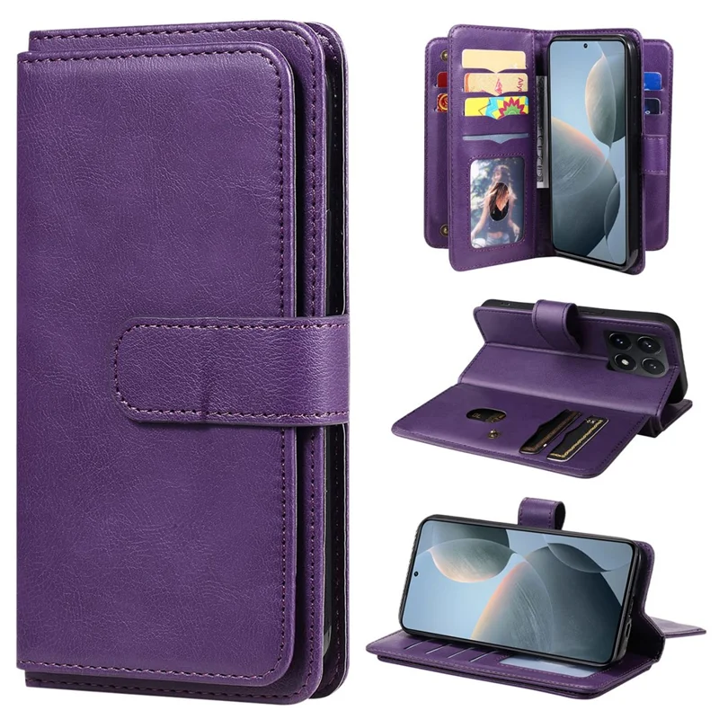 For Xiaomi 14T Pro Leather Case with 10 Card Holder Phone Cover Stand - Purple