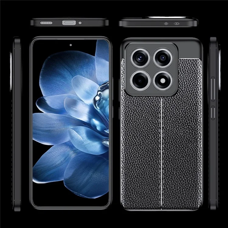 Capa para Xiaomi 14T Pro, textura de lichia TPU flexível, Capa de telefone preta