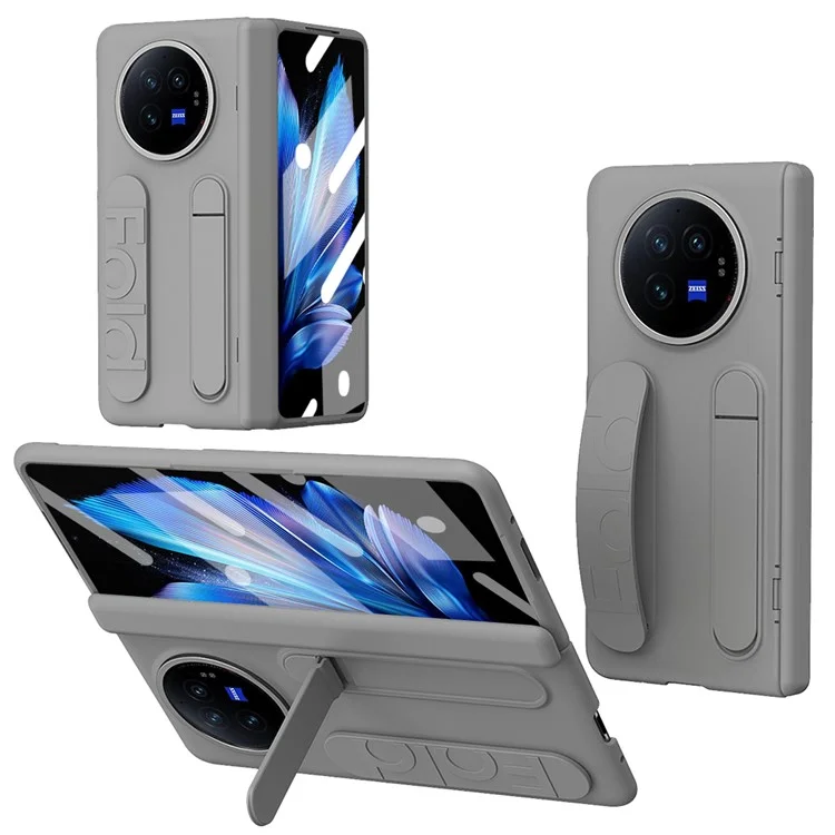 For vivo X Fold3 Case Kickstand Wristband PC Phone Cover with Tempered Glass Film - Grey