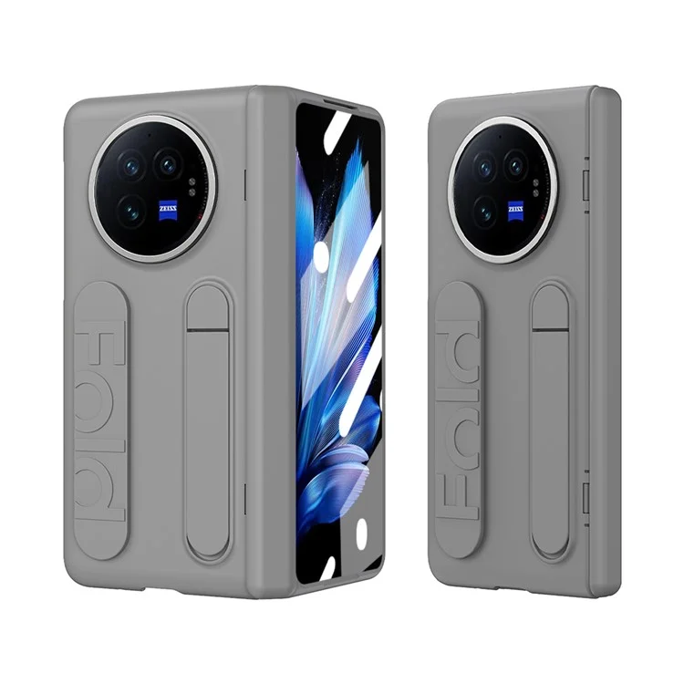 For vivo X Fold3 Case Kickstand Wristband PC Phone Cover with Tempered Glass Film - Grey