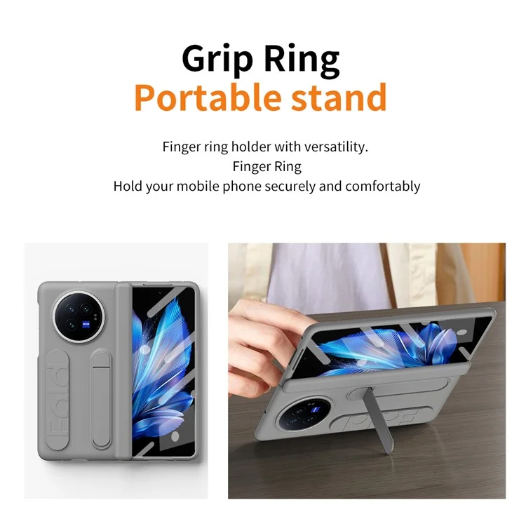 For vivo X Fold3 Case Kickstand Wristband PC Phone Cover with Tempered Glass Film - Grey