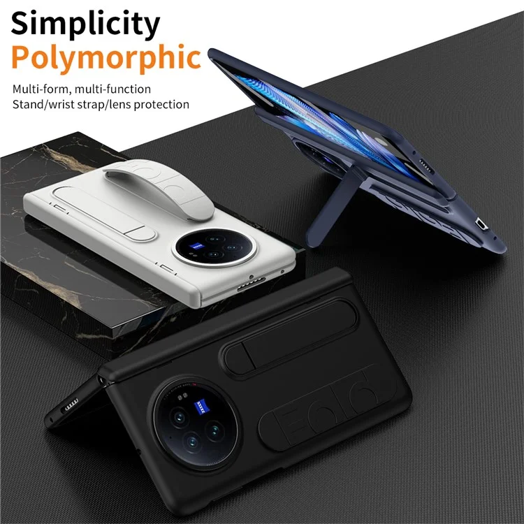 For vivo X Fold3 Case Kickstand Wristband PC Phone Cover with Tempered Glass Film - Grey