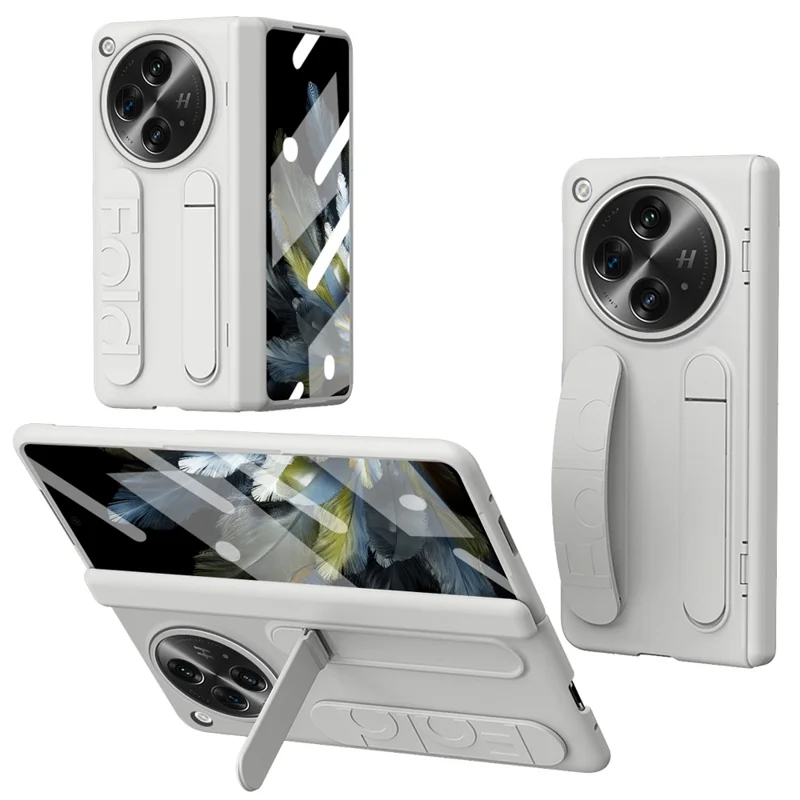 For Oppo Find N3 5G Case Kickstand Wristband PC Phone Cover with Tempered Glass Film - White