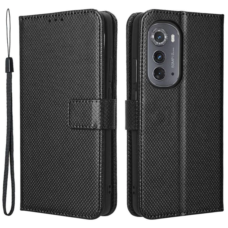 Pour Motorola Edge (2022) 5G Diamond Texture Téléphone Portefeuille pu le Cuir Horizontal Stand Boîte - le Noir