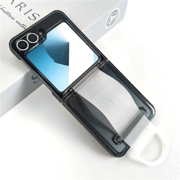 Область Покупки Для Samsung Galaxy Z Flip6 5G Case Shockprotepl Hard PC Phone с Ручным Ремнем - Прозрачный Черный