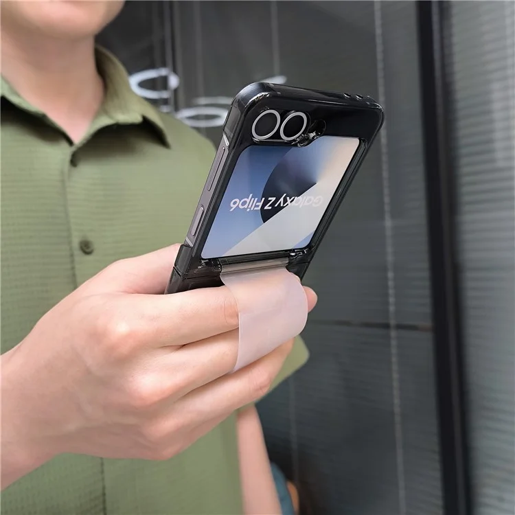 Область Покупки Для Samsung Galaxy Z Flip6 5G Case Shockprotepl Hard PC Phone с Ручным Ремнем - Прозрачный Черный