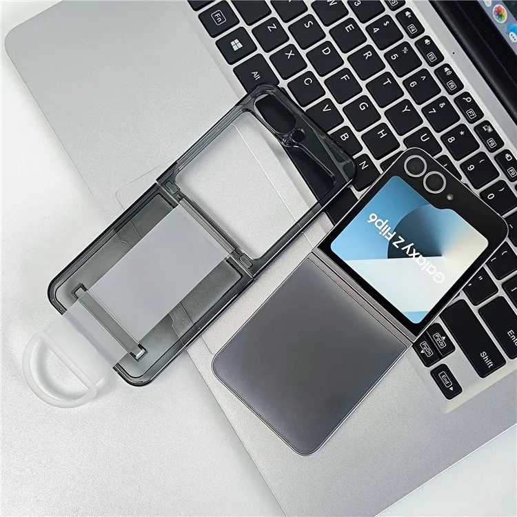 Область Покупки Для Samsung Galaxy Z Flip6 5G Case Shockprotepl Hard PC Phone с Ручным Ремнем - Прозрачный Черный