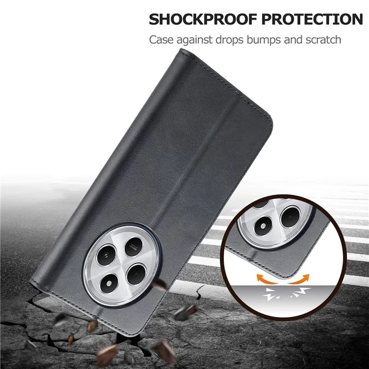 LC.IMEEKE Para Xiaomi Poco C75 4G / Redmi 14R 5G / 14C 4G Capa Textura de Bezerro Couro PU Suporte Carteira Capa de Telefone - Preto