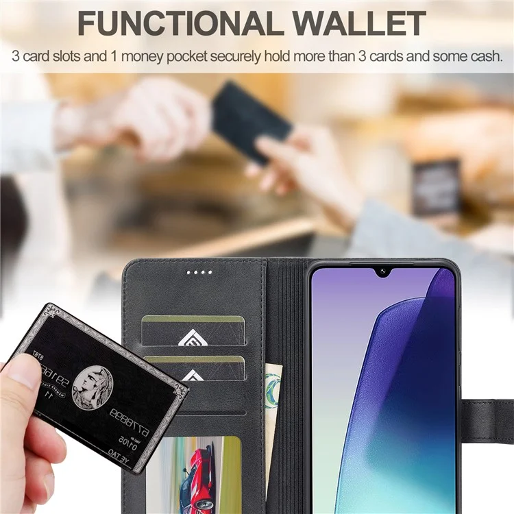 LC.IMEEKE Para Xiaomi Poco C75 4G / Redmi 14R 5G / 14C 4G Capa Textura de Bezerro Couro PU Suporte Carteira Capa de Telefone - Preto
