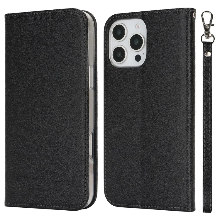 Für Iphone 16 Pro Max Hülle PU Leder Seiden Textur Magnetic Flip Phone Deckung - Schwarz