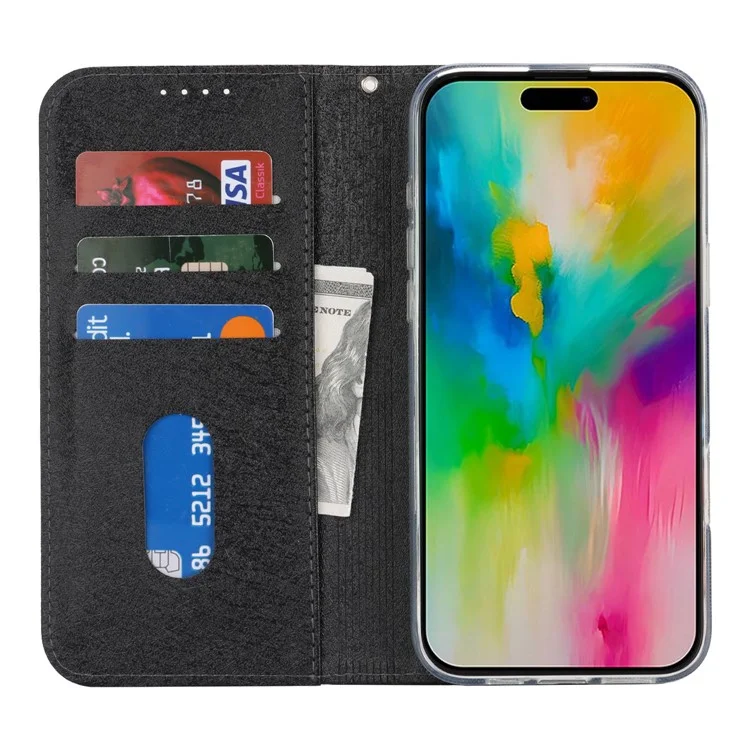 Für Iphone 16 Pro Max Hülle PU Leder Seiden Textur Magnetic Flip Phone Deckung - Schwarz