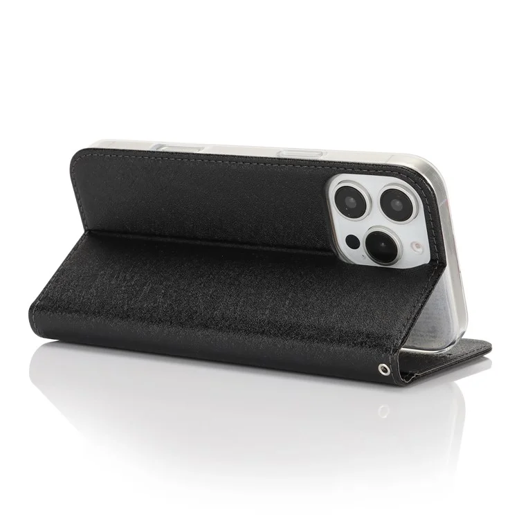 Für Iphone 16 Pro Max Hülle PU Leder Seiden Textur Magnetic Flip Phone Deckung - Schwarz