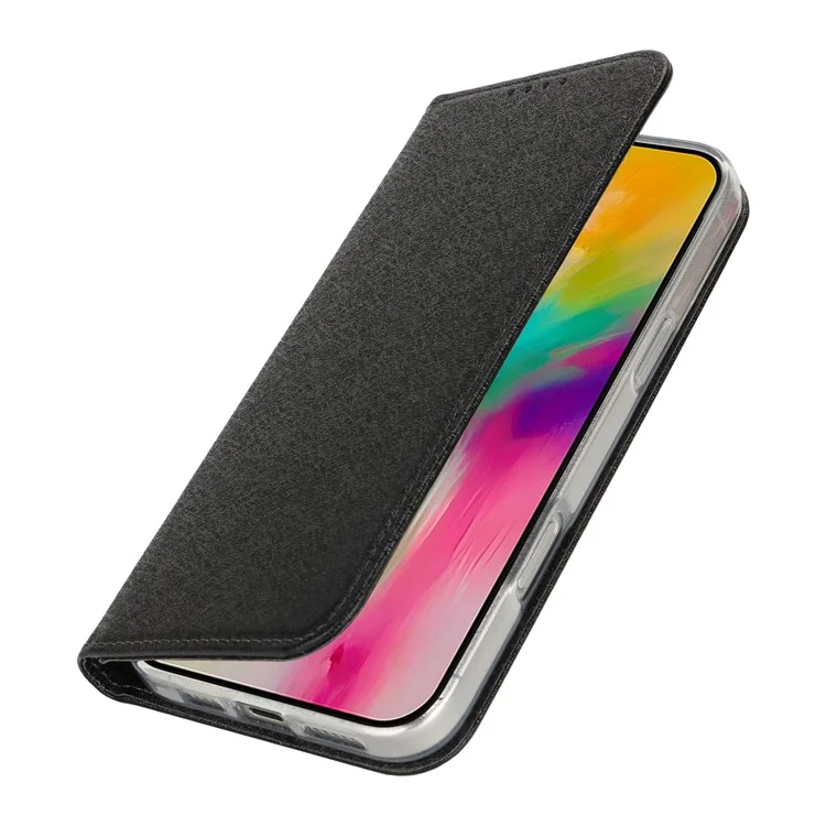 Für Iphone 16 Pro Max Hülle PU Leder Seiden Textur Magnetic Flip Phone Deckung - Schwarz