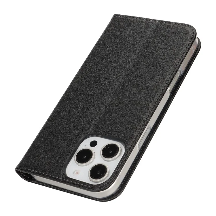 Für Iphone 16 Pro Max Hülle PU Leder Seiden Textur Magnetic Flip Phone Deckung - Schwarz