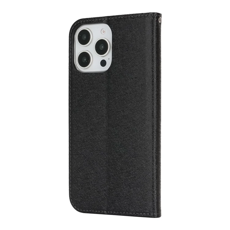 Für Iphone 16 Pro Max Hülle PU Leder Seiden Textur Magnetic Flip Phone Deckung - Schwarz