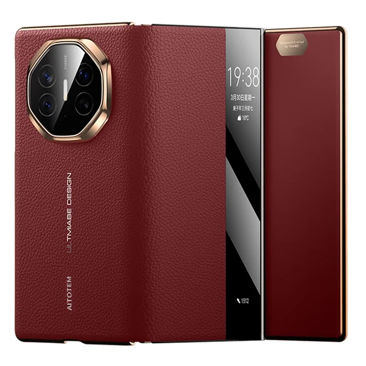 Pour Huawei Mate XT Ultimate Affiche de Vue Venture de Vache Authentique Couverture de Couvoir + pc Électroplate - or + Rouge