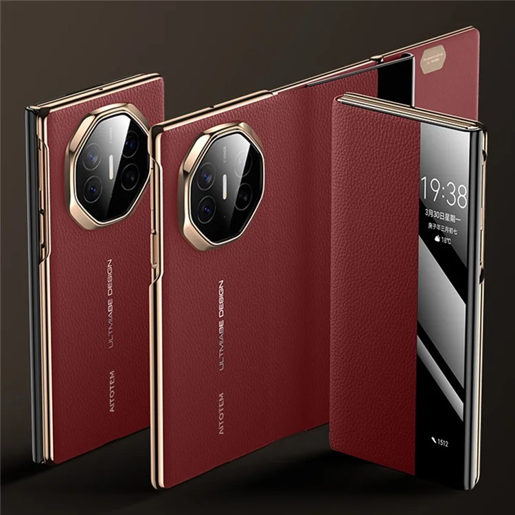 Pour Huawei Mate XT Ultimate Affiche de Vue Venture de Vache Authentique Couverture de Couvoir + pc Électroplate - or + Rouge