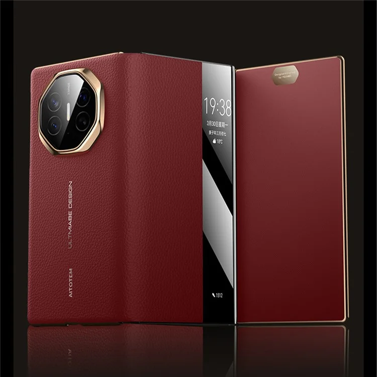 Pour Huawei Mate XT Ultimate Affiche de Vue Venture de Vache Authentique Couverture de Couvoir + pc Électroplate - or + Rouge