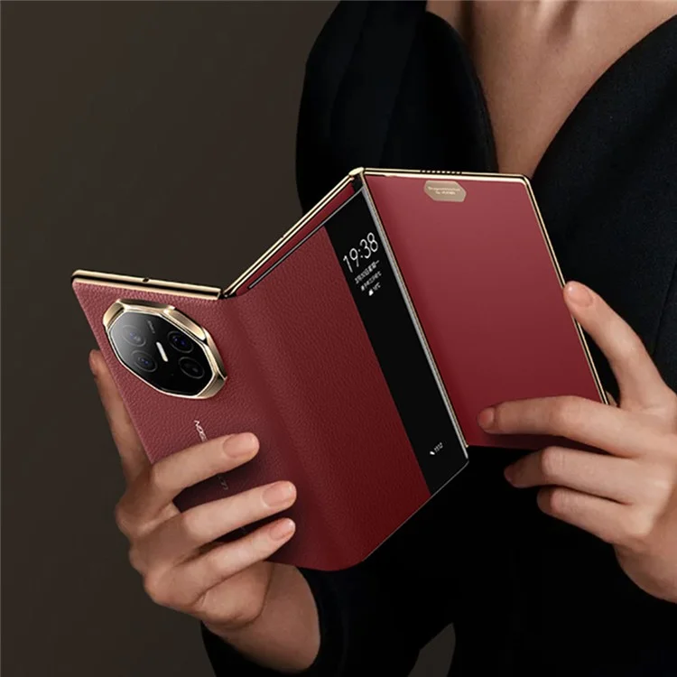 Pour Huawei Mate XT Ultimate Affiche de Vue Venture de Vache Authentique Couverture de Couvoir + pc Électroplate - or + Rouge