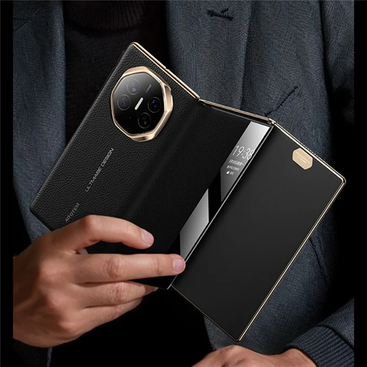 Pour Huawei Mate XT Ultimate Affiche de Vue Venture de Vache Authentique Couverture de Couvoir + pc Électroplate - or + Rouge
