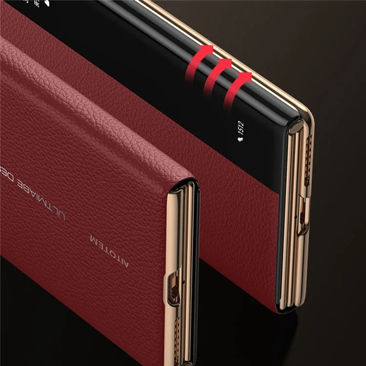 Pour Huawei Mate XT Ultimate Affiche de Vue Venture de Vache Authentique Couverture de Couvoir + pc Électroplate - or + Rouge