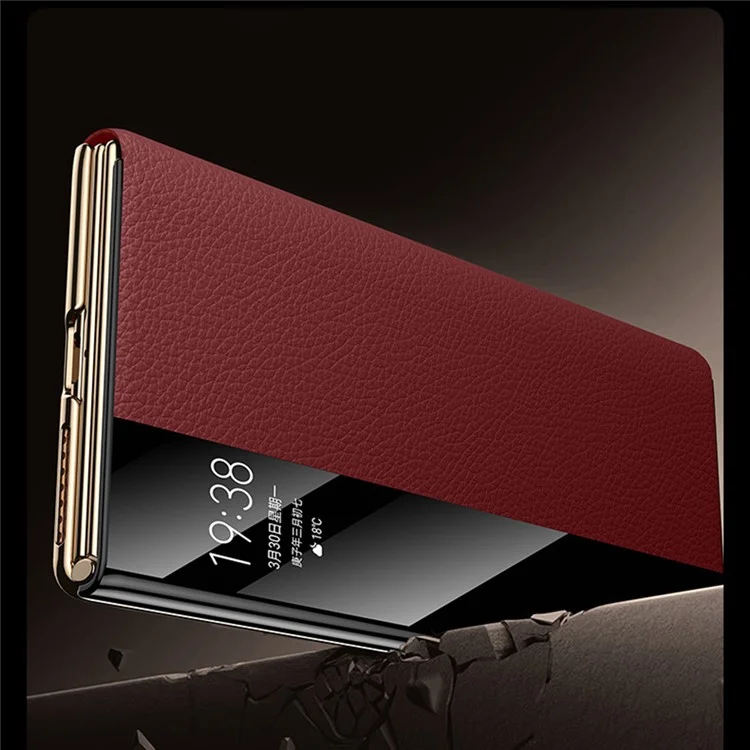 Pour Huawei Mate XT Ultimate Affiche de Vue Venture de Vache Authentique Couverture de Couvoir + pc Électroplate - or + Rouge