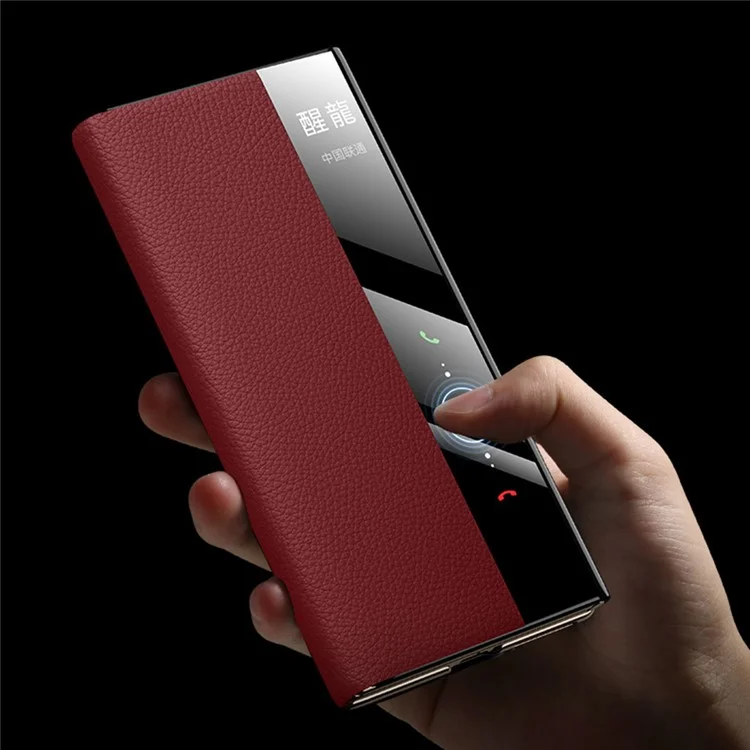 Pour Huawei Mate XT Ultimate Affiche de Vue Venture de Vache Authentique Couverture de Couvoir + pc Électroplate - or + Rouge
