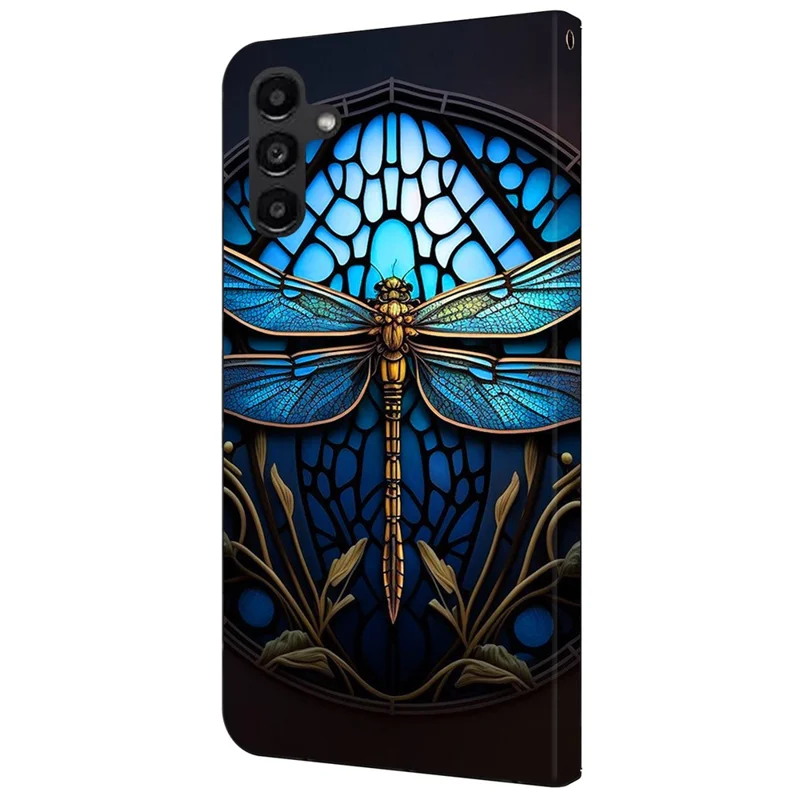 For Samsung Galaxy A14 4G / 5G Case Pattern Printed Protective Cover TPU+PU Leather Flip Phone Case - Blue Dragonfly