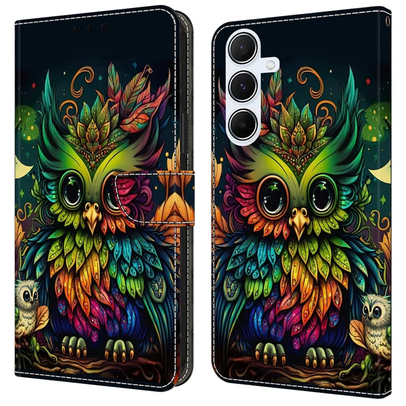 For Samsung Galaxy A25 5G (Global) (161.0 x 76.5 x 8.3mm) Case Pattern Printed Protective Cover TPU+PU Leather Flip Phone Case - Colorful Owl