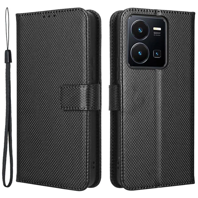 Pour Vivo Y35 4G (2022) / Y22s 4G / Couverture de Portefeuille Y22 4g, Texture de Diamant Téléphone Folio Flip PU le Cuir Stand - le Noir