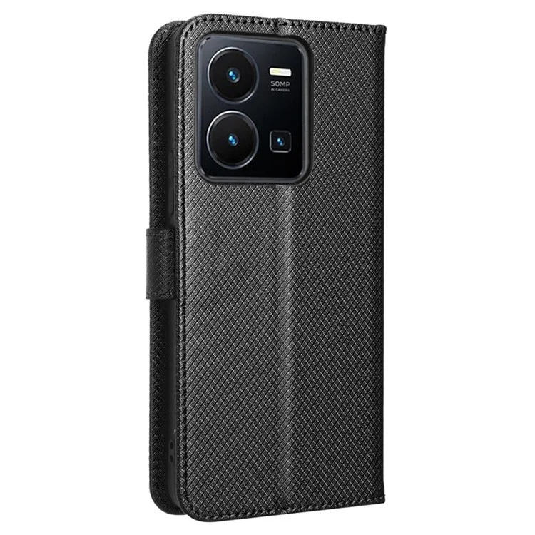 Pour Vivo Y35 4G (2022) / Y22s 4G / Couverture de Portefeuille Y22 4g, Texture de Diamant Téléphone Folio Flip PU le Cuir Stand - le Noir