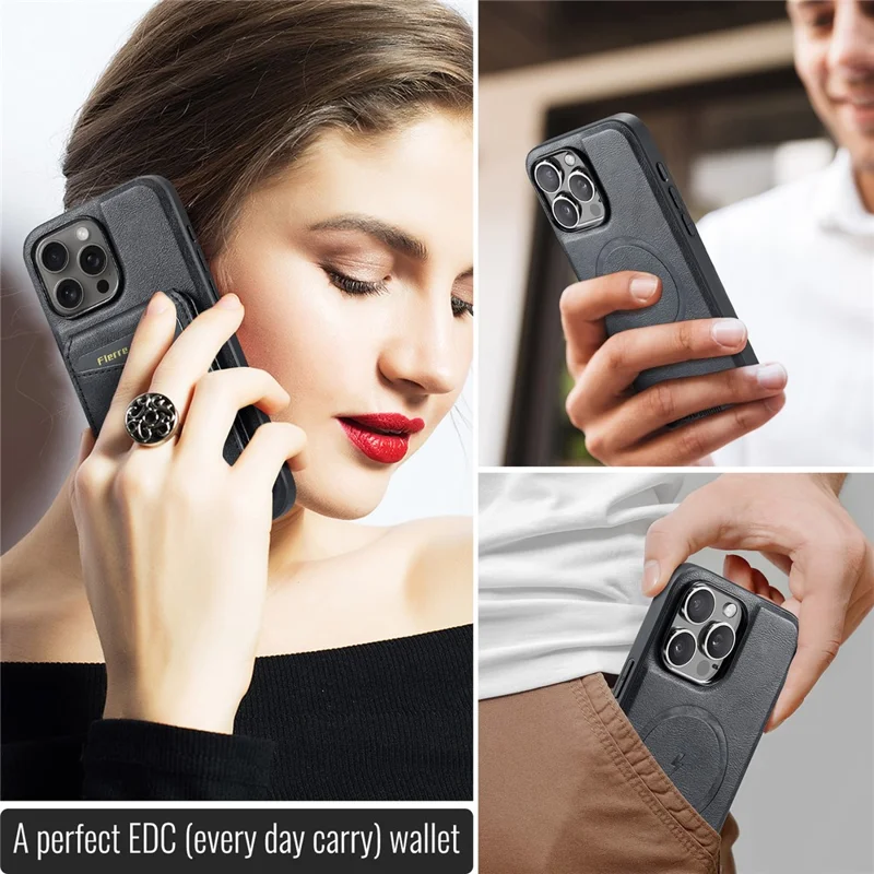 Fierre Shann 025 Style Pour Iphone 16 Pro Max Case Leather + Tpu Couverture de Téléphone de Cartes Détachables - Noir