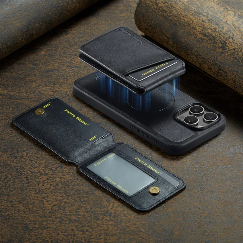 Fierre Shann 025 Style Pour Iphone 16 Pro Max Case Leather + Tpu Couverture de Téléphone de Cartes Détachables - Noir
