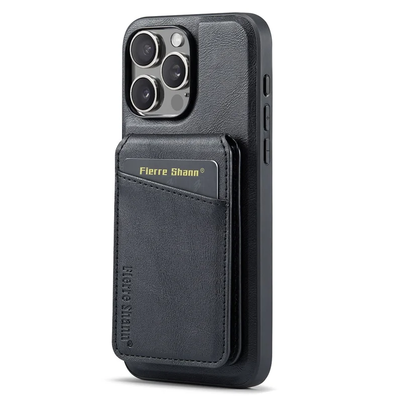 Fierre Shann 025 Style Pour Iphone 16 Pro Max Case Leather + Tpu Couverture de Téléphone de Cartes Détachables - Noir