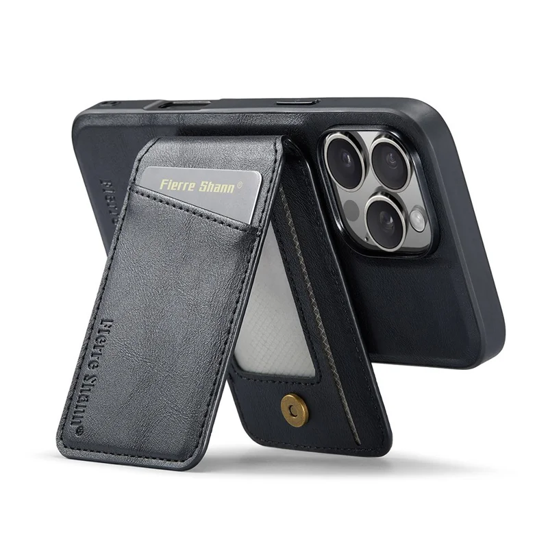 Fierre Shann 025 Style Pour Iphone 16 Pro Max Case Leather + Tpu Couverture de Téléphone de Cartes Détachables - Noir