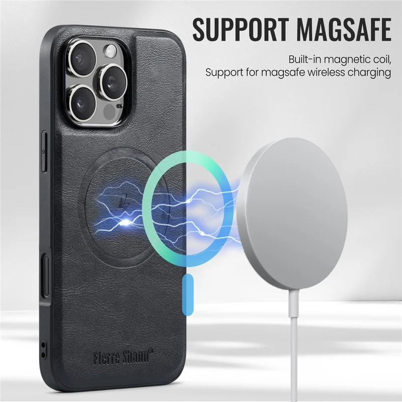 Fierre Shann 025 Style Pour Iphone 16 Pro Max Case Leather + Tpu Couverture de Téléphone de Cartes Détachables - Noir