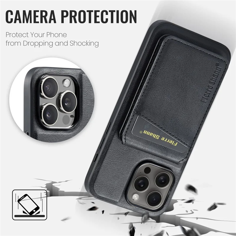 Fierre Shann 025 Style Pour Iphone 16 Pro Max Case Leather + Tpu Couverture de Téléphone de Cartes Détachables - Noir