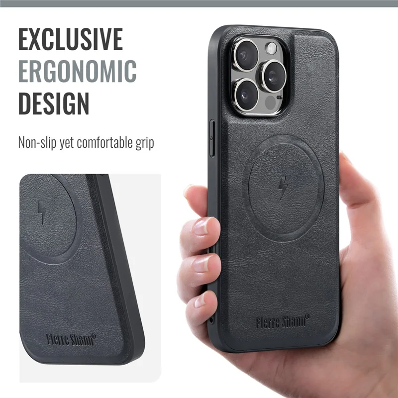 FIERRE SHANN 025 Style For iPhone 16 Pro Case Leather+TPU Detachable Card Slots Phone Cover - Black