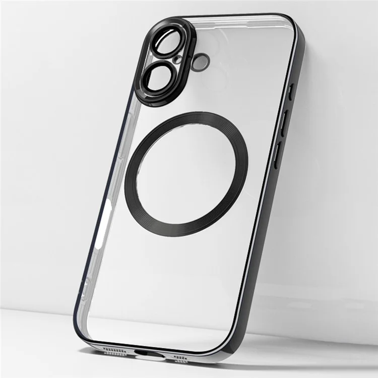 For iPhone 16 Plus Case Electroplating Anti-Drop TPU Clear Phone Cover with Lens Film Compatible with MagSafe - Black