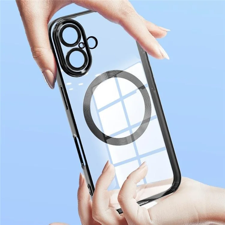 For iPhone 16 Plus Case Electroplating Anti-Drop TPU Clear Phone Cover with Lens Film Compatible with MagSafe - Black