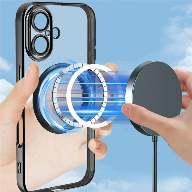 For iPhone 16 Plus Case Electroplating Anti-Drop TPU Clear Phone Cover with Lens Film Compatible with MagSafe - Black