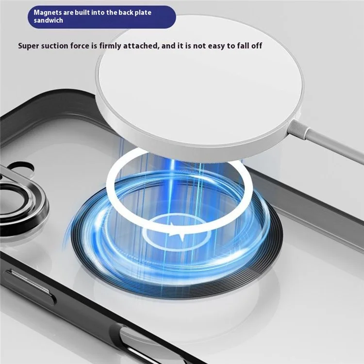 For iPhone 16 Plus Case Electroplating Anti-Drop TPU Clear Phone Cover with Lens Film Compatible with MagSafe - Black