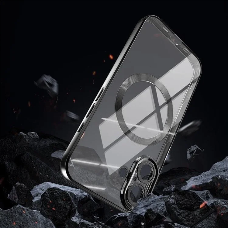 For iPhone 16 Plus Case Electroplating Anti-Drop TPU Clear Phone Cover with Lens Film Compatible with MagSafe - Black