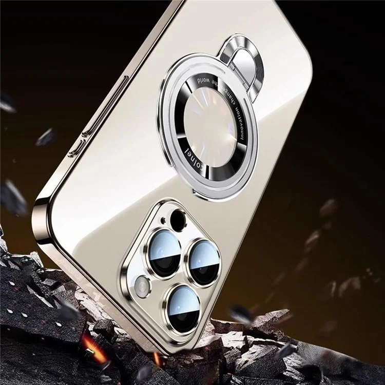 For iPhone 16 Pro Case Ring Kickstand Electroplating PC Phone Cover with Lens Film Compatible with MagSafe - Titanium Grey