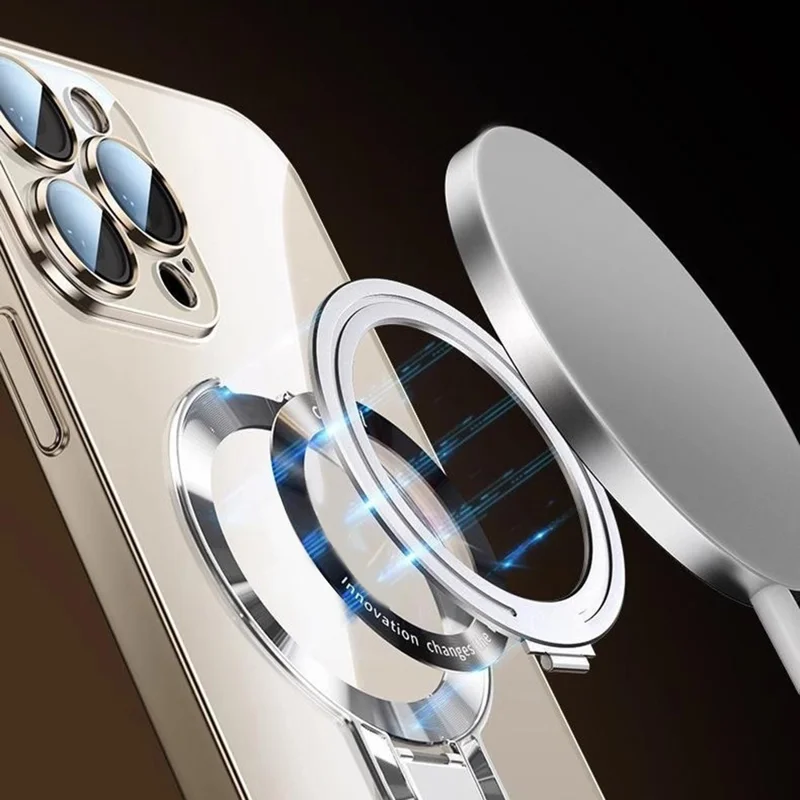 For iPhone 16 Pro Max Case Ring Kickstand Electroplating PC Phone Cover with Lens Film Compatible with MagSafe - Titanium Grey